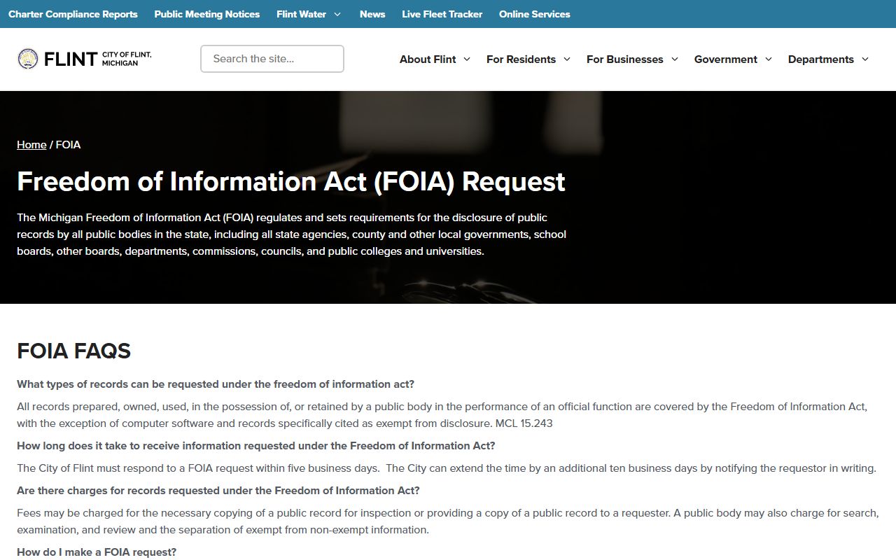 Flint public records - city of Flint FOIA page