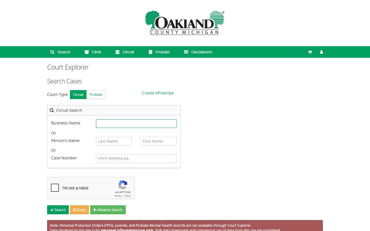 Oakland County Court Explorer public records case search