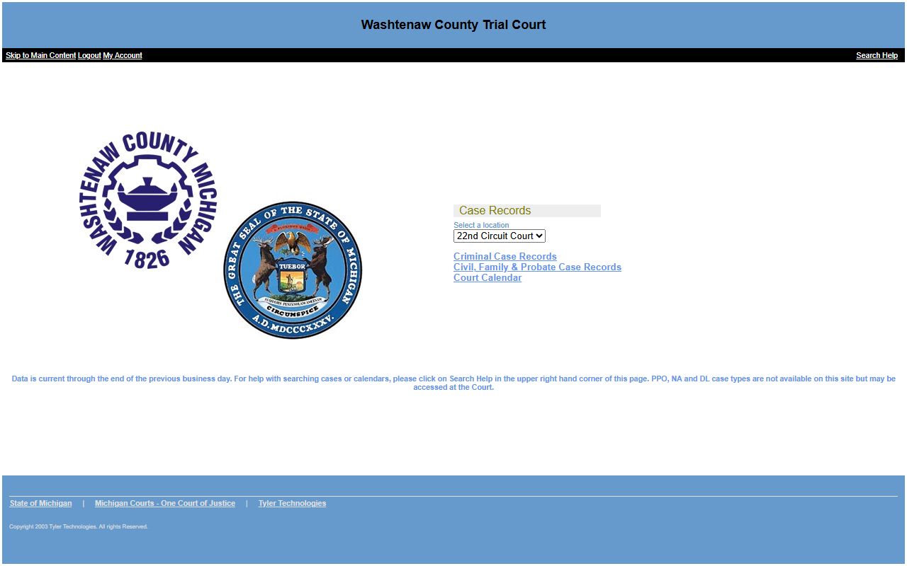 Washtenaw County trial court records online access screenshot