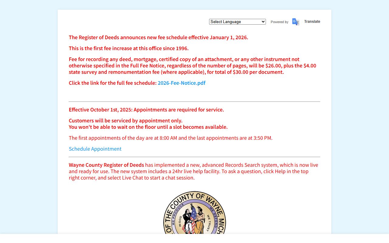 Wayne County land records official portal screenshot