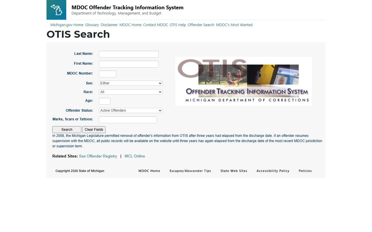 Michigan MDOC Offender Tracking Information System for public records search