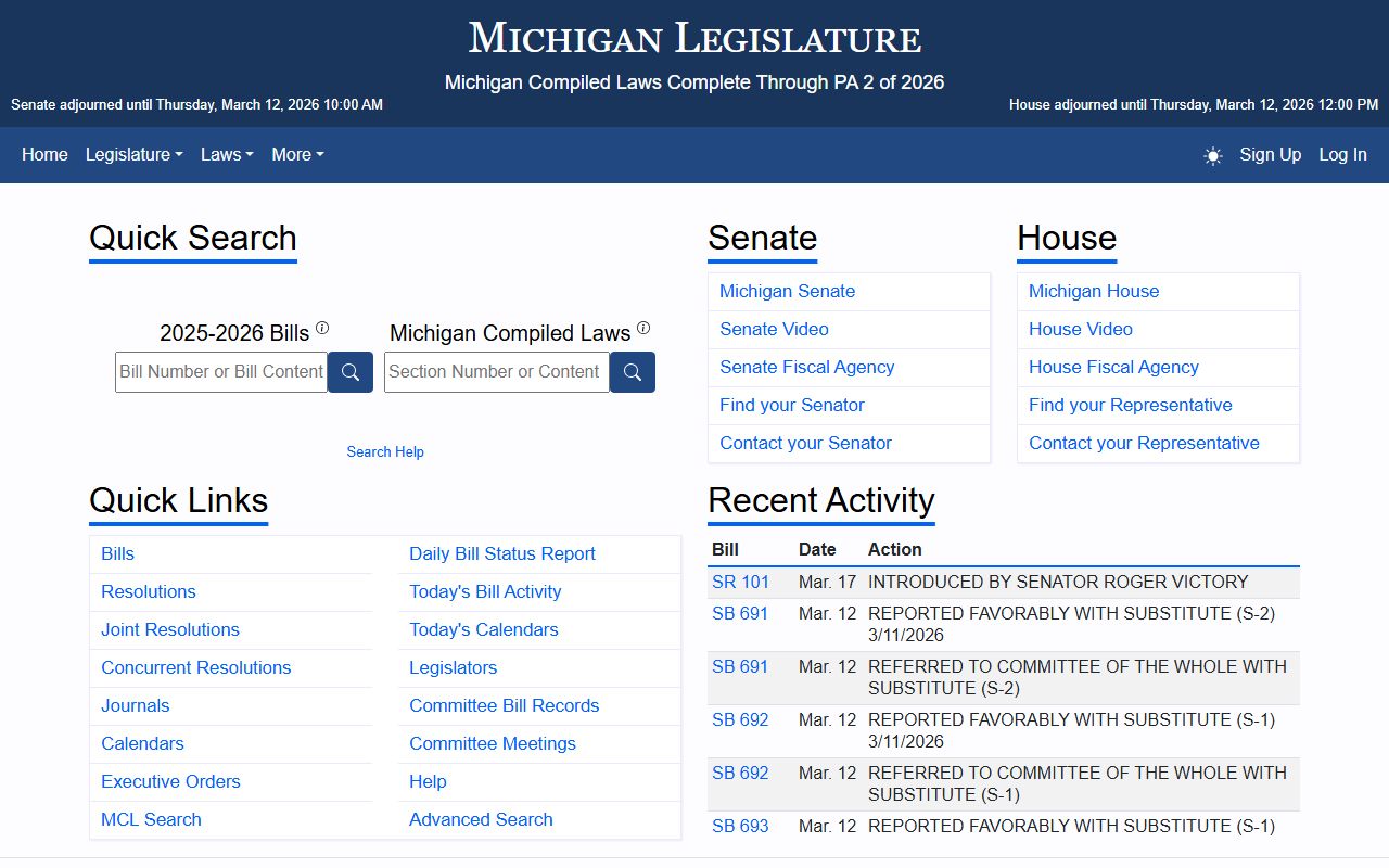 Michigan Legislature website showing FOIA statutes for public records