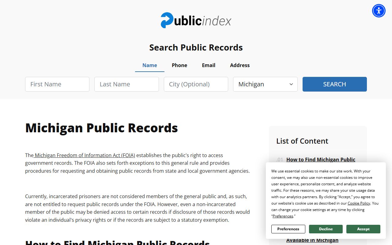 Michigan Public Records Directory at michigan.thepublicindex.org