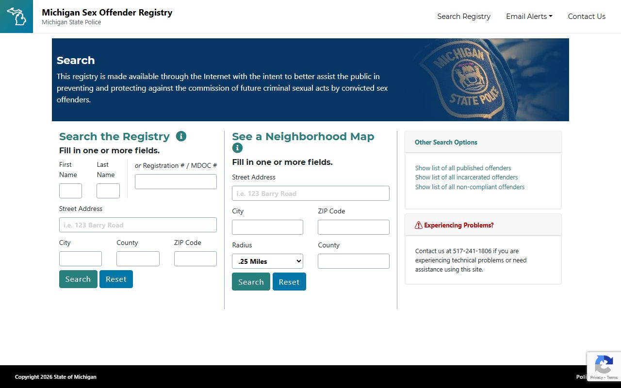 Michigan Sex Offender Registry search portal for public records