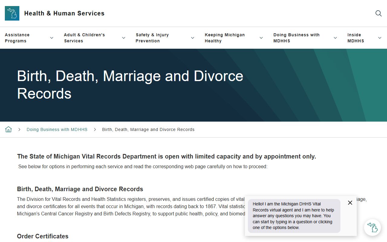 Michigan MDHHS vital records ordering page for birth death marriage records